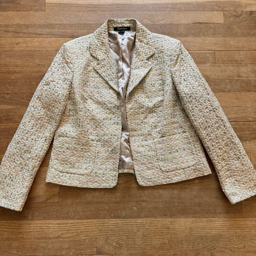 Ellen Tracy tan orange green open front blazer jacket size 14
b60